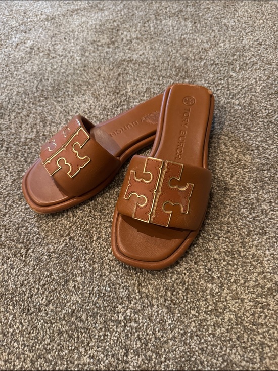 Tory Burch Shoes - Tory Burch Cognac Leather Logo Slide Sandals